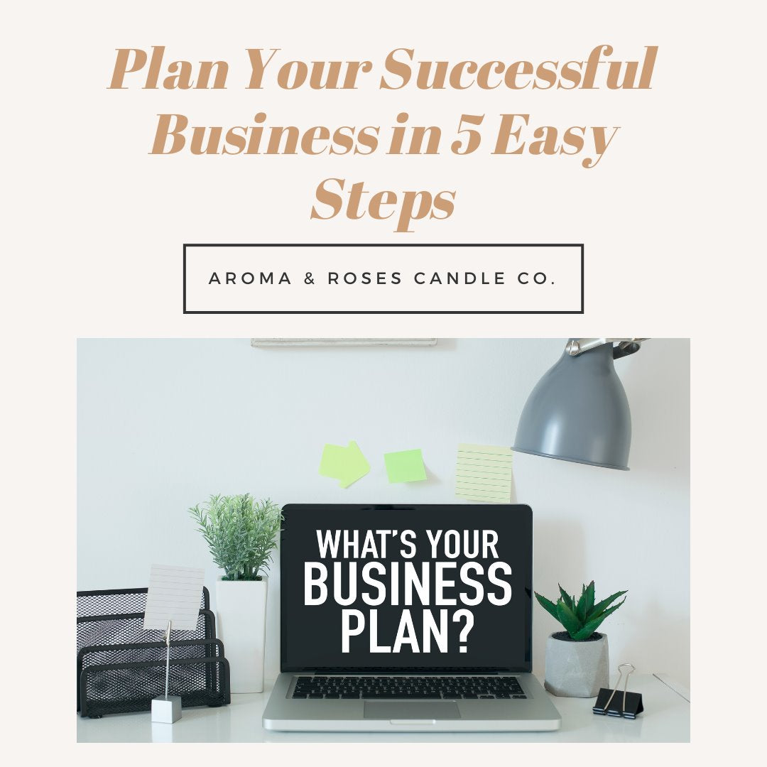 Plan your successful business in 5 steps laptop on a desk with a lamp plants and books